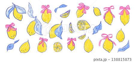 Hand-drawn crayon lemons and bow. Coquette whimsical citrus fruit set with Italian Amalfi coast vibes. Girly ribbons and fresh fruits. Vector lemon whole and half scribble pencil isolated no bg Hand-drawn crayon lemons and bow. Coquette whimsical citrus fruit set with Italian Amalfi coast vibes. Girly ribbons and fresh fruits. Vector lemon whole and half scribble pencil isolated no bg 138815873