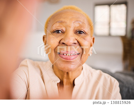 Senior woman, portrait and face for selfie, photograph or social media at old age home. Happy elderly female person smile for photo, memory or social media in retirement on living room sofa in house Senior woman, portrait and face for selfie, photograph or social media at old age home. Happy elderly female person smile for photo, memory or social media in retirement on living room sofa in house 138815926