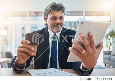 Business man, tablet and work from home coffee for financial planning, stock market research and accountant energy. Productivity, drink and accountant or senior person trading on digital technology Business man, tablet and work from home coffee for financial planning, stock market research and accountant energy. Productivity, drink and accountant or senior person trading on digital technology 138815934