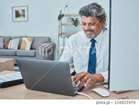 Business man, laptop and work from home, online or finance management and typing report in living room. Computer, research and happy professional person, executive or entrepreneur in financial career Business man, laptop and work from home, online or finance management and typing report in living room. Computer, research and happy professional person, executive or entrepreneur in financial career 138815978