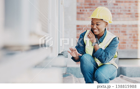 Happy phone call, air conditioner or maintenance black woman chat about HVAC machine, heat pump or aircon inspection. Construction worker, cellphone or rooftop technician person for AC repair service Happy phone call, air conditioner or maintenance black woman chat about HVAC machine, heat pump or aircon inspection. Construction worker, cellphone or rooftop technician person for AC repair service 138815988