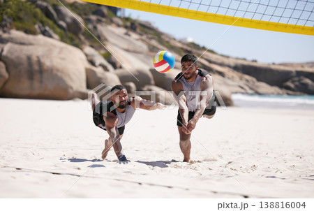 Beach, volleyball and team at net with sports action, fun and summer competition on sea sand. Energy, ocean games and volley challenge with men hitting ball for winning goal at workout in nature. Beach, volleyball and team at net with sports action, fun and summer competition on sea sand. Energy, ocean games and volley challenge with men hitting ball for winning goal at workout in nature. 138816004