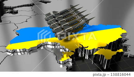 Ukraine - missiles on country map and flag - 3D illustration Ukraine - missiles on country map and flag - 3D illustration 138816044