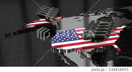 USA, United States of America - missiles on country map and flag - 3D illustration USA, United States of America - missiles on country map and flag - 3D illustration 138816055