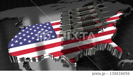 USA, United States of America - missiles on country map and flag - 3D illustration USA, United States of America - missiles on country map and flag - 3D illustration 138816056