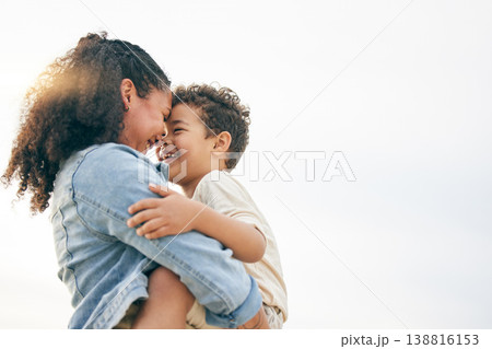 Beach, sunset and love of mom for child, boy or son together outdoor in nature on holiday, vacation or heads touching with a smile. Mother, woman and kid with happiness, care and mockup with sky 138816153