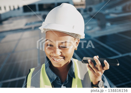 Happy black woman, solar panel and speaker phone call for photovoltaic plate, sustainability or project voice note. Energy grid, cellphone or face of female engineer listening to eco friendly advice Happy black woman, solar panel and speaker phone call for photovoltaic plate, sustainability or project voice note. Energy grid, cellphone or face of female engineer listening to eco friendly advice 138816156