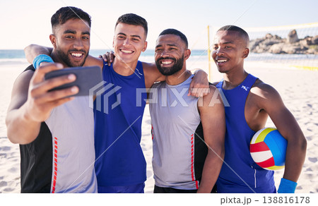 Volleyball, smile or team selfie at beach with support in sports training, exercise or fitness workout. Sea, teamwork or happy men on mobile app for a social media picture or group photo after game Volleyball, smile or team selfie at beach with support in sports training, exercise or fitness workout. Sea, teamwork or happy men on mobile app for a social media picture or group photo after game 138816178