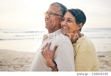 Love, hug and senior couple at beach happy, relax and bond in nature together. Ocean, embrace and old people hugging at the sea for travel, vacation and enjoy retirement with holiday, freedom or trip Love, hug and senior couple at beach happy, relax and bond in nature together. Ocean, embrace and old people hugging at the sea for travel, vacation and enjoy retirement with holiday, freedom or trip 138816195