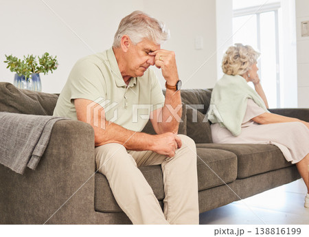 Angry, senior man and fight on sofa in divorce, breakup and stress of sad separation at home. Argue, depression and frustrated couple on couch in conflict, crisis and problem of drama in bad marriage Angry, senior man and fight on sofa in divorce, breakup and stress of sad separation at home. Argue, depression and frustrated couple on couch in conflict, crisis and problem of drama in bad marriage 138816199