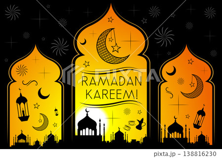 Ramadan Kareem Banner with Mosque and Lanterns on Golden Background - vector illustration Ramadan Kareem Banner with Mosque and Lanterns on Golden Background - vector illustration 138816230