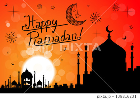 Happy Ramadan Card with Crescent Moon and Mosque at Sunset - vector illustration 138816231