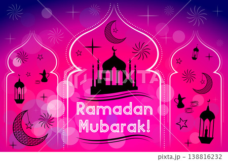 Ramadan Mubarak Pink Background with Ornaments and Mosque - vector illustration Ramadan Mubarak Pink Background with Ornaments and Mosque - vector illustration 138816232