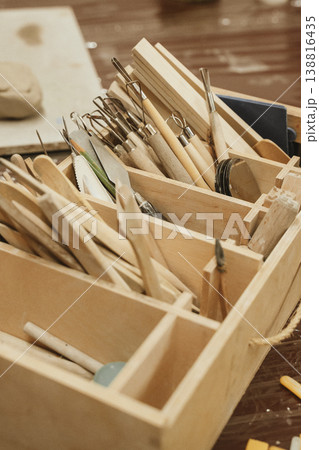 Assorted Clay Tools in Wooden Organizer for Ceramics Assorted Clay Tools in Wooden Organizer for Ceramics 138816435
