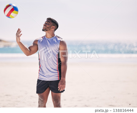 Relax volleyball or happy man at beach with ball playing game, workout training or fitness in summer. Air, sports athlete smiling or player ready to start practice match or exercise at ocean alone 138816444