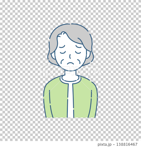 A simple illustration of a senior woman with a troubled expression and her eyes closed, in a blue-gray color scheme. 138816467