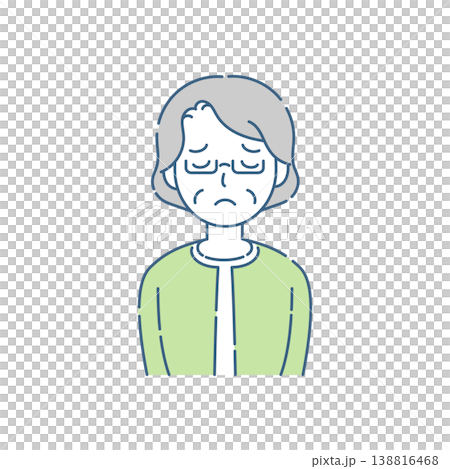 A simple illustration of a senior woman wearing glasses with a troubled expression and her eyes closed, in a blue-gray color scheme. A simple illustration of a senior woman wearing glasses with a troubled expression and her eyes closed, in a blue-gray color scheme. 138816468