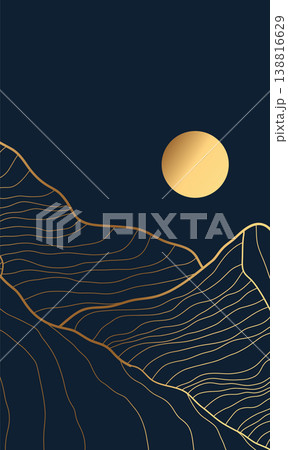 hand drawn luxury mountain line art contours, elegant landscape texture wall art collection in minimal style for posters, prints, interior decor, branding, and modern design projects. Vector 138816629