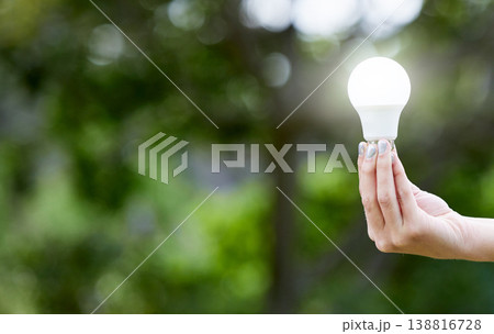 Nature, hand and lightbulb for knowledge, energy or sustainability with solar power. Creative, innovation and person with bulb for eco friendly electricity, green solution or inspiration with mockup 138816728