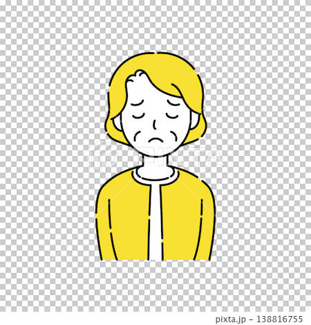 シニア女性の困り顔で目を閉じるシンプルイラスト 黄色アクセント 138816755
