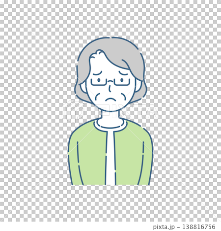 A simple illustration of a senior woman with glasses and a troubled expression, in a blue-gray color scheme. 138816756