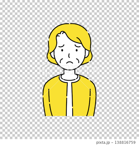 Simple illustration of a senior woman with a troubled expression, accented with yellow. Simple illustration of a senior woman with a troubled expression, accented with yellow. 138816759