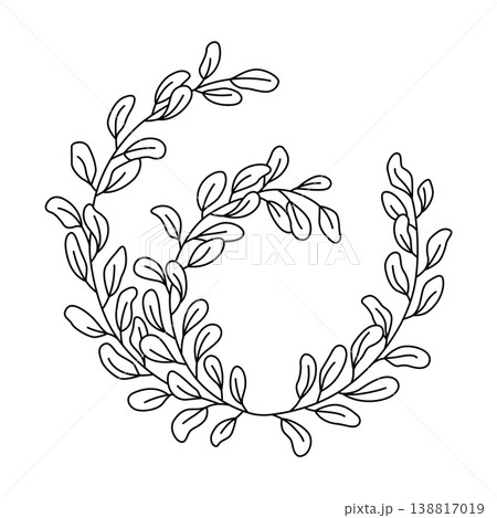 Simple branch of the eucalyptus plant, decorative with rounded leaves. Graphic line art hand drawn ink black and white illustration vector clip art. Separate element isolated Simple branch of the eucalyptus plant, decorative with rounded leaves. Graphic line art hand drawn ink black and white illustration vector clip art. Separate element isolated 138817019