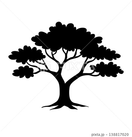 Oak silhouette towering over grass, broad canopy and thick trunk with sprawling roots, high contrast black shape conveys calm stability and parkland serenity Oak silhouette towering over grass, broad canopy and thick trunk with sprawling roots, high contrast black shape conveys calm stability and parkland serenity 138817020