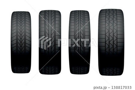 Car tires of rubber. Vector realistic isolated set of tires. Automobile wheels and maintenance. Truck or vehicle repairing and replacement for next season 138817033