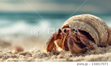 Crab crawls along a sandy beach near the waves. The close up captures its textured shell and dark eyes in bright daylight. Crab crawls along a sandy beach near the waves. The close up captures its textured shell and dark eyes in bright daylight. 138817071