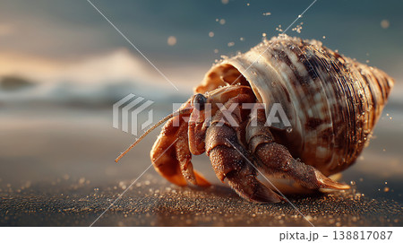 Hermit crab on sandy beach carries spiral shell. Macro shot highlights textured claws and droplets. Hermit crab on sandy beach carries spiral shell. Macro shot highlights textured claws and droplets. 138817087
