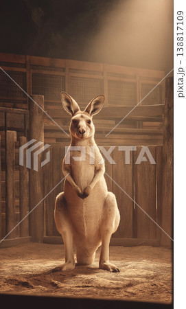 Kangaroo sits upright in a wooden enclosure. Amber light from above bathes the marsupial in a warm glow. 138817109