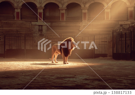 Lion stands in an ancient arena at dusk. Warm sunlight highlights the lion against the stone arches. Lion stands in an ancient arena at dusk. Warm sunlight highlights the lion against the stone arches. 138817133