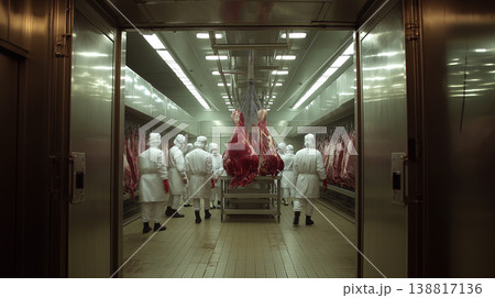 Hanging meat carcasses in a slaughterhouse abattoir as workers in white protective suits monitor the process. 138817136