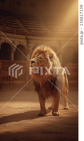 A lion stands in an arena. A warm golden spotlight shines on the lion. A lion stands in an arena. A warm golden spotlight shines on the lion. 138817139