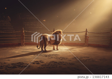 Lion stands in circus arena under warm spotlight. Dust swirls as the majestic lion faces the empty seats. 138817143