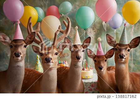 Five deer celebrate a birthday party in a party room. Colorful balloons and a cake set a festive mood today. 138817162