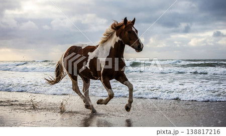 paint horse galloping along a sandy beach at dusk with foamy waves and low clouds paint horse galloping along a sandy beach at dusk with foamy waves and low clouds 138817216