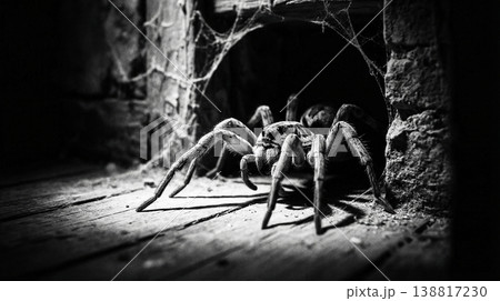 Large hairy spider crawls from a hole on a dusty wooden floor. High contrast monochrome lighting creates an eerie dramatic mood. Large hairy spider crawls from a hole on a dusty wooden floor. High contrast monochrome lighting creates an eerie dramatic mood. 138817230
