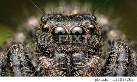jumping spider head faces studio background. low light creates high contrast and emphasizes glossy eyes and dense facial hairs 138817263