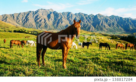 Chestnut horse standing in sunlit mountain pasture. A grazing herd and jagged peaks form a scenic background at golden hour. 138817284