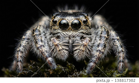 Jumping spider perches on mossy rock. Glossy black eyes and dense pale hairs create a dramatic nocturnal mood. 138817302