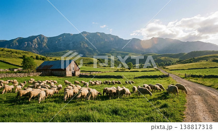 Flock of sheep grazing in a green pasture beside a stone barn and dirt road. Warm late afternoon light bathes the valley and rugged mountains. Flock of sheep grazing in a green pasture beside a stone barn and dirt road. Warm late afternoon light bathes the valley and rugged mountains. 138817318