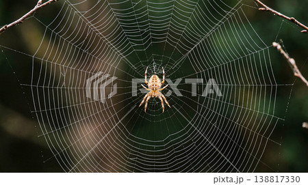 orb weaver spider rests at the center of a web against a blurred background. orb weaver spider rests at the center of a web against a blurred background. 138817330