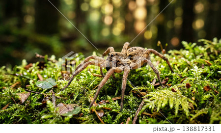 Wolf spider crawling across a mossy forest floor. Wolf spider crawling across a mossy forest floor. 138817331