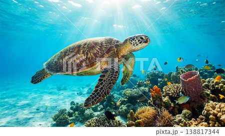 Green sea turtle swimming above a coral reef in sunlit tropical water. Green sea turtle swimming above a coral reef in sunlit tropical water. 138817344
