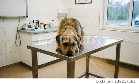 scruffy mixed breed dog lies on a stainless steel examination table in a veterinary clinic looking subdued scruffy mixed breed dog lies on a stainless steel examination table in a veterinary clinic looking subdued 138817363
