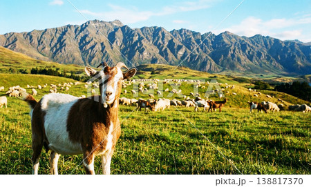 A brown and white goat stands in a mountain pasture. A flock of sheep grazes across rolling green hills in warm afternoon light. A brown and white goat stands in a mountain pasture. A flock of sheep grazes across rolling green hills in warm afternoon light. 138817370