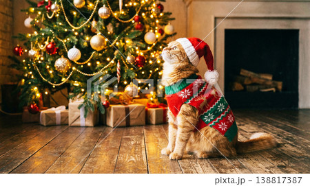 Ginger cat wearing a festive sweater and Santa hat sitting by a decorated Christmas tree in a living room. Ginger cat wearing a festive sweater and Santa hat sitting by a decorated Christmas tree in a living room. 138817387