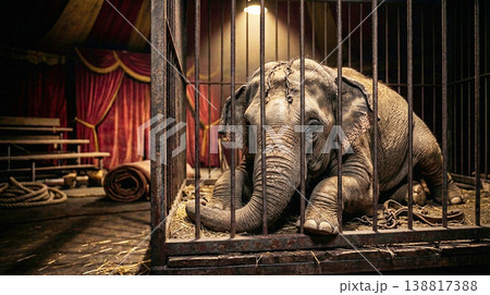 Elephant rests inside a rusted cage in a dim circus tent. Low warm light highlights its worn skin and shackles and casts a somber tone. 138817388